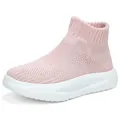 Breathable pink kids high-top fly-knit slip-on sock sneakers with lightweight white sole - 27 / Pink