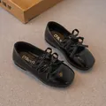 Elegant black patent leather girls' princess flats with double bow and elastic strap - Size 23 (Inner Length 14.5cm) / Black