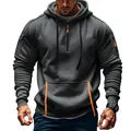 Detail view of men's dark grey pullover hoodie with orange zipper pulls and arm pocket - Dark Gray