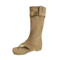 Damen Kniehohe Stiefel mit Zehensteg und Schnalle aus hellbraunem Wildleder - Khaki