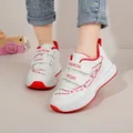 White girls' sports shoes featuring pink flower embroidery and red accents on velcro straps - 21 / White