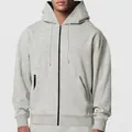 Men's premium heather gray full-zip fleece hoodie with drawstrings for autumn and winter. - Grayish White