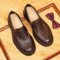 Classic dark brown leather penny loafers for men with retro business and casual style - 38 / Coffee