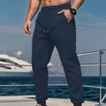 Detailed view of navy blue fleece-lined casual joggers for men in an outdoor setting - Navy Blue
