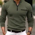 Detail of olive green ribbed long-sleeved polo shirt featuring a decorative chest zipper - S / Tops / Army Green