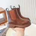 Retro children's British style brown Chelsea boots with durable thick lug sole for kids - Brown