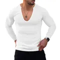 Slim fit men's white V-neck long sleeve knit T-shirt with ribbed texture - S / Tops / White