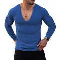 Slim fit men's deep V-neck ribbed knit long sleeve T-shirt in vibrant cobalt blue - S / Tops / Sapphire Blue