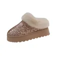 Sparkly rose gold sequin snow boots with a platform thick sole and warm beige faux fur collar - 36 / Pink