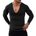 Stylish men's black long sleeve ribbed T-shirt with a deep V-neck and slim fit design - S / Tops / Black