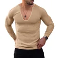 Slim fit men's long sleeve V-neck ribbed knit T-shirt in khaki brown color style - S / Tops / Khaki