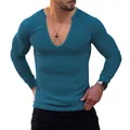 Slim fit peacock blue ribbed long sleeve V-neck knit T-shirt for men casual style. - Denim Blue