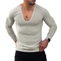 Slim fit men's long sleeve ribbed knit T-shirt with a deep V-neck in a light grey shade - Apricot