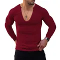 Men's slim fit long sleeve ribbed knit T-shirt with deep V-neck in burgundy color - Wine Red