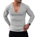 Men's light grey slim fit ribbed knit long sleeve T-shirt with stylish deep V-neck - Medium Grey
