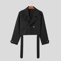 Front view of men's loose black cropped workwear jacket with lapel and waist straps - XL / Tops / Black