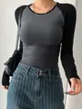 Women's slim fit raglan long sleeve T-shirt with contrast grey and black sporty design - S / Tops / Dark Gray