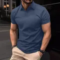 Summer men's athletic slim fit polo shirt in navy blue with textured stretch fabric - S / Tops / Navy Blue