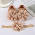Ensemble élégant de chaussures bébé et bandeau avec fleurs en mousseline champagne - Or Champagne