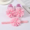 Pink chiffon flower baby shoe and headband set with pearl detail and a soft sole. - 11 (10.5cm) / Headband & Shoes Set / Pink