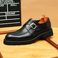 Elegant black genuine leather monk strap shoes with thick lug sole and gold buckle - 37 / Black