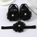 Black infant princess shoe and headband set with decorative chiffon flowers and pearls - 11 (10.5cm) / Headband & Shoes Set / Black