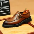 Vintage brown full grain leather monk strap shoes with thick sole and metal buckle - 38 / Brown
