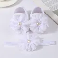 Elegant white baby girl shoes and headband set with large chiffon flowers and pearls - 11 (10.5cm) / Headband & Shoes Set / Bleached White