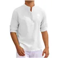 Close-up of white men's waffle texture shirt with stand collar and palm tree print - S / Tops / White
