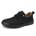 Chaussures décontractées en cuir noir cousues main pour homme avec semelle souple - Noir