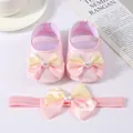 Soft sole pink baby princess shoes and matching bow headband set for newborn girls - Size 11 (Inner Length 10.5cm) / Pink
