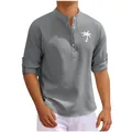 Detail of grey men's stand-collar shirt featuring a white palm tree print on the chest - S / Tops / Dark Gray