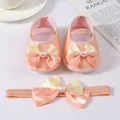 Peach satin baby princess shoes and matching bow headband set for newborns - Ivory