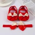 Red satin soft sole newborn princess shoes with matching heart bow headband set for girls - Size 11 (Inner Length 10.5cm) / Red