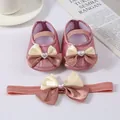 Pink baby princess shoes and headband set with double bow and heart pearl detail - Light Pink