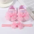 Detail of pink infant shoes and headband set with large mesh bows and pearls - Size 11 (Inner Length 10.5cm) / Beaded Pink + Headband
