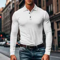 Detailed view of a white ribbed long sleeve polo shirt featuring a slim fit design - White
