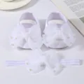 Elegant white baby shoes and matching headband set with tulle bows and pearl beads - Size 11 (Inner Length 10.5cm) / Beaded White + Headband