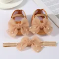 Elegant infant champagne gold dress shoes and headband set with pearl tulle bows - Beaded Khaki + Headband