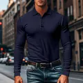 Close-up of a navy blue slim fit ribbed long sleeve polo shirt for men in urban setting - Navy Blue