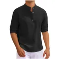 Close-up detail of a black waffle knit stand collar henley casual shirt for men - S / Tops / Black