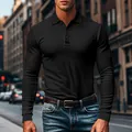 Close-up of men's slim fit black ribbed long sleeve polo shirt in urban street setting - Black
