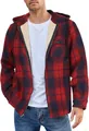 Warm men's red plaid flannel hooded jacket featuring a cozy soft fleece lining detail. - S / Tops / Red/Black Plaid
