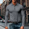 Close-up of a grey ribbed long-sleeve polo shirt with a slim fit design and classic collar - Iron Grey
