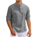 Detail of men's grey textured casual shirt with mandarin collar and button placket - S / Tops / Gray