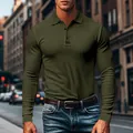 Detailed view of a slim fit army green long sleeve ribbed polo shirt for men with lapel - Army Green