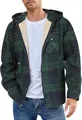 Detail of men's green plaid flannel hooded jacket with warm fleece lining - S / Tops / Green Black Grid
