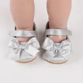 Silver infant walking shoes featuring a large satin bow decoration and secure velcro strap - Insole Length 11cm / Gray