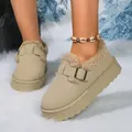 Cozy winter beige suede platform snow boots with warm faux fur lining and metal buckle - 36 / Round Toe Belt Buckle Snow Boot Style (1) / Off White