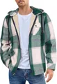 Close-up of men's green plaid hooded jacket with warm fleece lining and zipper closure - S / Tops / Green and White Plaid